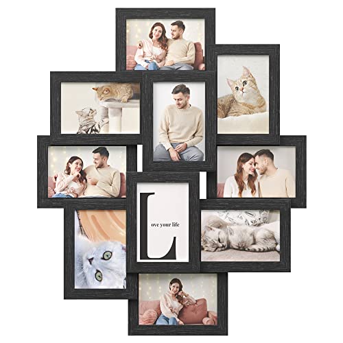 Photo Frame Collage for 10 Photos in 4" x 6" (10 x 15 cm), MDF Wall Mounted Photo Gallery Display, Assembly Required, Black