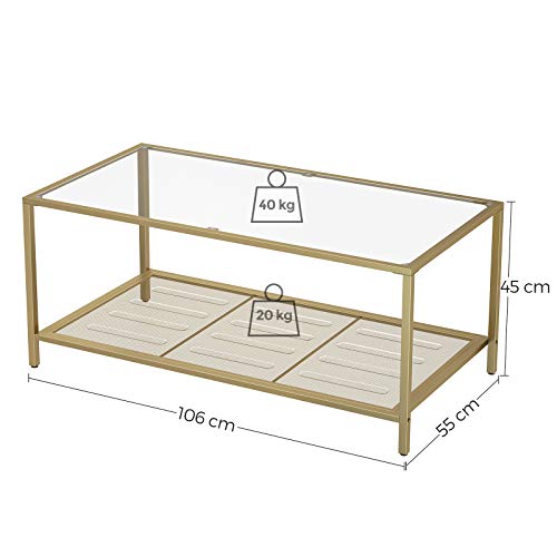 Coffee Table with Tempered Glass Top and Mesh Shelf, Cocktail Table with Stable Steel Frame, for Living Room, Gold and Transparent Colour