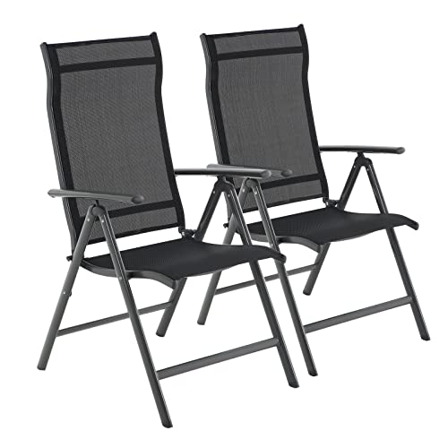 Set of 2 Folding Garden Chairs, Outdoor Chairs with Durable Aluminum Structure, 8-Angle Reclining Backrest, Max. Capacity 120 kg, Black