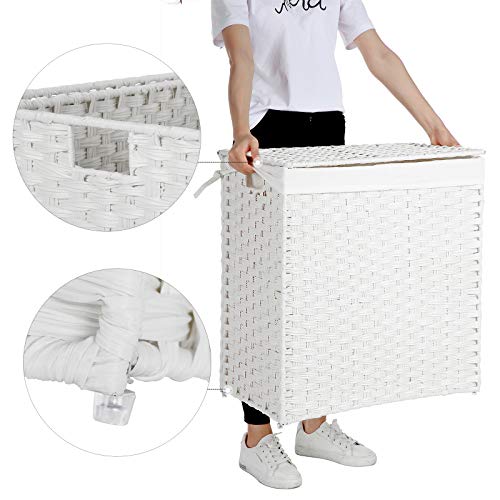 Handwoven Laundry Basket, 110L Synthetic Rattan Divided Clothes Hamper with Lid and Handles, Foldable, Removable Liner Bag, White