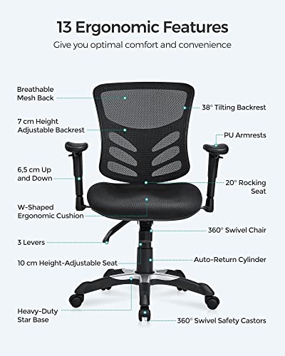 Office Chair, Ergonomic Swivel Chair, Mesh Desk, Adjustable Chair Height, Backrest, 3 Adjustment Levers, Lumbar Support and Adjustable Armrest, Made of PU