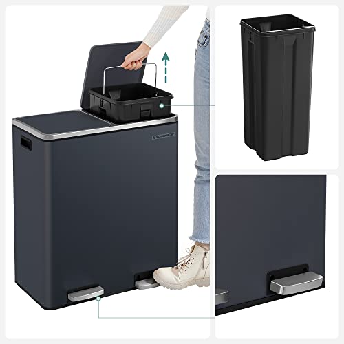 Double Rubbish Bin, 2 x 30 L Dual Compartment Kitchen Bin with 15 Rubbish Bags, Metal Pedal Bin with Plastic Inner Buckets and Lids, Soft Close, Odour Seal, Smoky Grey