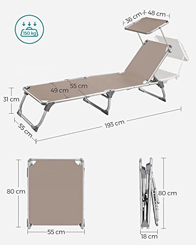 Sun Lounger, Sunbed, Reclining Sun Chair with Sunshade, Adjustable Backrest, Foldable, Lightweight, 55 x 193 x 31 cm, Load Capacity 150 kg, for Garden, Patio, Taupe Colour