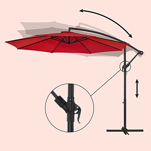 Cantilever Garden Patio Umbrella with Base, 3 m Offset Parasol, Banana Hanging Umbrella, Sunshade with Protection UPF 50+, Crank for Opening Closing, Red