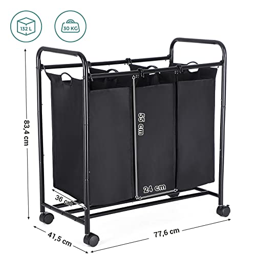 Rolling Laundry Sorter, Laundry Basket with 3 Removable Bags, Laundry Trolley, Toy Organiser on Wheels, Sturdy, 3 x 44L, Black