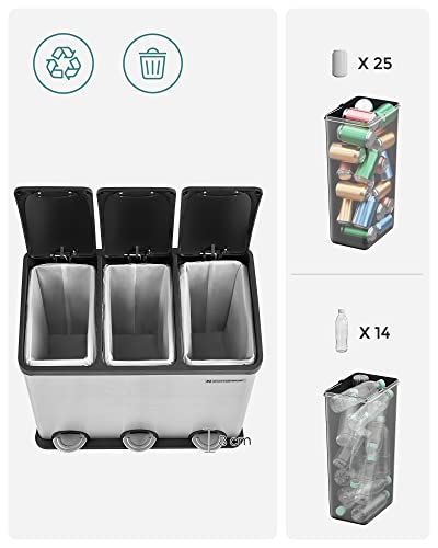 54L Recycling Bin, Rubbish Bin, Steel Pedal Bin with 3 Sections, Inner Buckets, 6 Sorting Labels, for Easy Waste Separation, Silver and Black