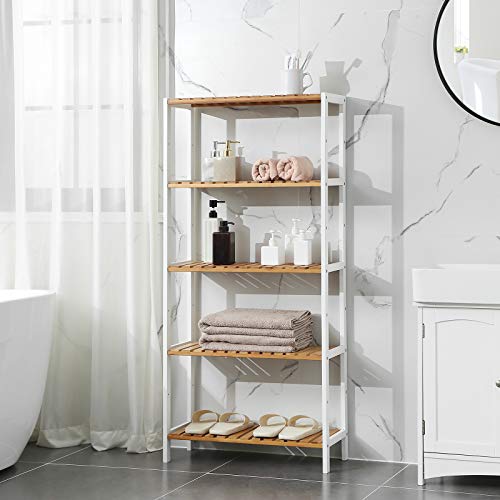 5-Tier Bathroom Storage Shelves, Bamboo Kitchen Shelf with 9 Adjustable Heights, Multifunctional Display Stand in Living Room, Hallway, 60 x 26 x 130 cm, White and Natural