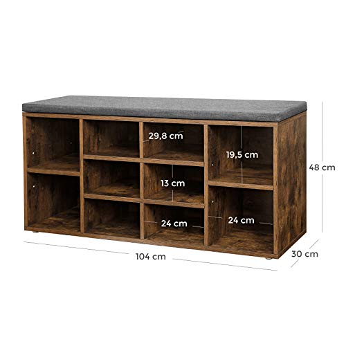 Shoe Bench, Shoe Shelf, Storage Cabinet, 10 Compartments, with Cushion, for Entryway, 104 x 30 x 48 cm, Oak Colour LHS10NL