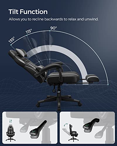 Gaming Chair Desk Chair with Footrest, Office Chair with Headrest and Lumbar Cushion, Height-Adjustable, Ergonomic, 90-135° Tilt Angle, Load 150 kg Black + grey