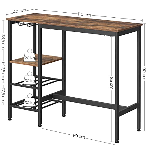 High Table, Dining Table, Bar Table, with Wine Glass Holder and Bottle Rack, for Living Room, Kitchen, 110 x 40 x 90 cm, Industrial, Rustic Brown and Black