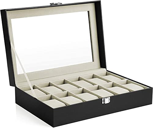 Watch Box with 12 Slots, Watch Case with Glass Lid, Watch Display Box with Removable Watch Pillows, Metal Clasp, Gift Idea, Black Synthetic Leather, Greenish Beige Lining