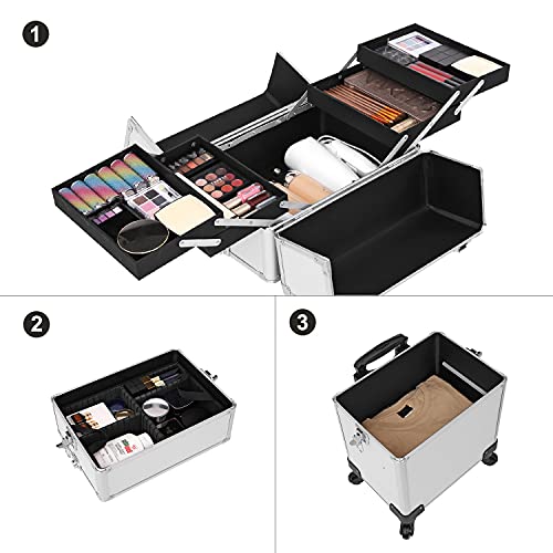 Professional Makeup Case, 3-in-1 Travelling Beauty Trolley, Large Cosmetic Trolley for Hairdressers, Lockable Rolling Makeup Case with 360-Degree Universal Casters, Silver