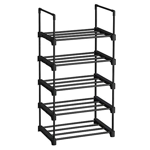 5-Tier Shoe Rack, Metal Shoe Storage Organiser, Stackable Storage Rack, Space-Saving, Freestanding Shelf, for Hallway, Bedroom, Living Room, Black