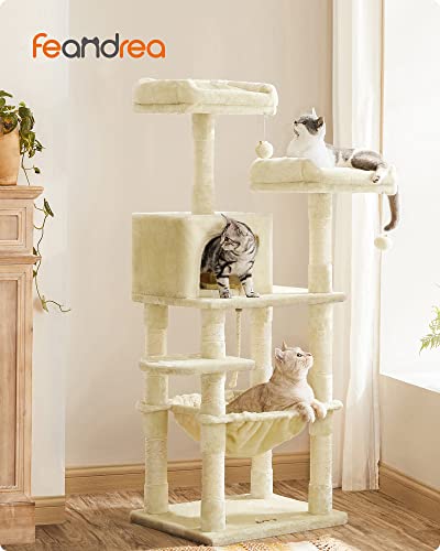 Cat Tree, Stable Cat Tower, 2 Plush Perches, 143cm, Beige