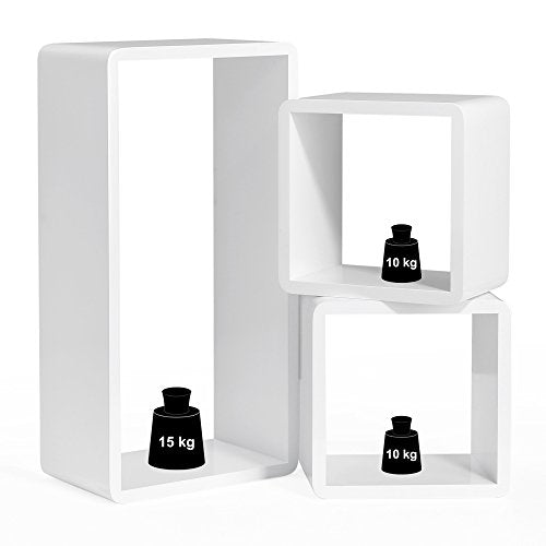 Set of 3 Floating Shelves, Wall Shelves with High Gloss Finish, Wooden Cube Storage Organisers, 15 cm Depth, 50/22/22 cm, White