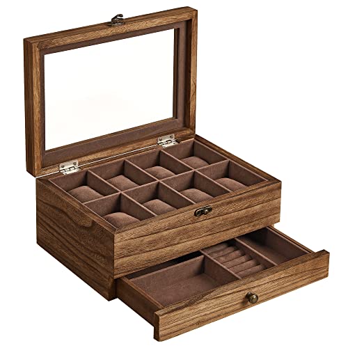 Watch Box with 8 Slots, 2-Tier Wood Watch Case with Large Glass Lid, Watch Pillows, Velvet Lining, Jewellery Box, Gift for Loved Ones, Rustic Walnut