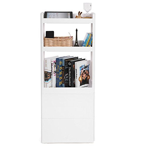 Narrow 3 Shelves 2 Drawers Recess Cabinet with Wheels for Kitchen Bathroom and Cellar 17cm Wide White , 45 x 17 x 106.5 cm