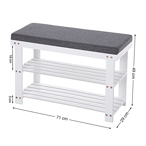 Bamboo Shoe Bench, 2-Tier Shoe Rack, Stable Shoe Organiser for Entryway, Living Room, Bench Seat Holds Up to 150 kg, 71 x 29 x 49 cm, White and Grey