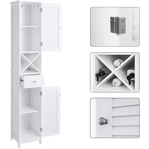 Floor Cabinet, Bathroom Tall Cabinet with Shutter Doors, Drawer, and Removable X-Shaped Stand, 32 x 30 x 170 cm, Scandinavian Style, White