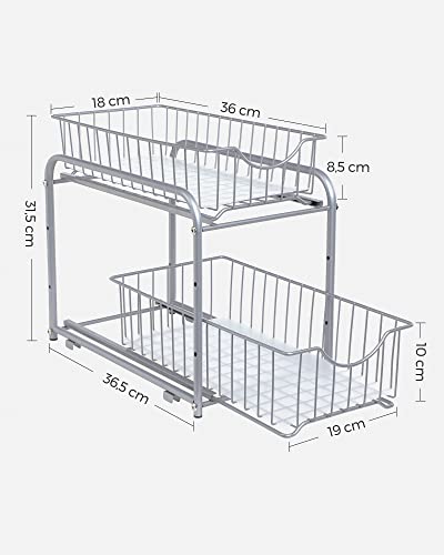 Kitchen Organiser, 2 Pull-Out Drawers for Cabinets, Stackable Drawer Organiser, for Kitchen, Bathroom, Silver