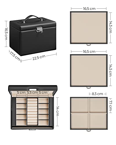 Jewellery Box, Jewellery Organiser 4 Levels, Lockable Jewellery Storage Case with Trays, Velvet Lining, Black