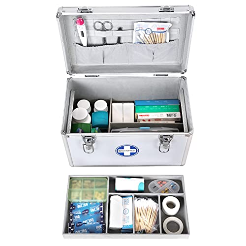 First Aid Case Medicine Storage Pill Box Drug Medicine with Carrying Handle Carry Strap Aluminium Bars ABS Silvery