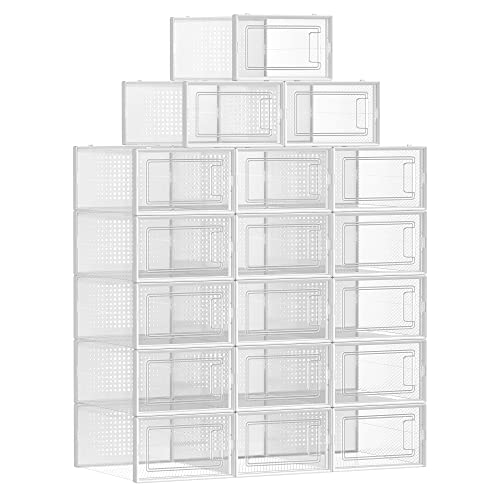 Shoe Boxes, Pack of 18 Stackable Shoe Storage Organisers, Foldable and Versatile for Sneakers, Fit up to UK Size 10.5, Transparent and White