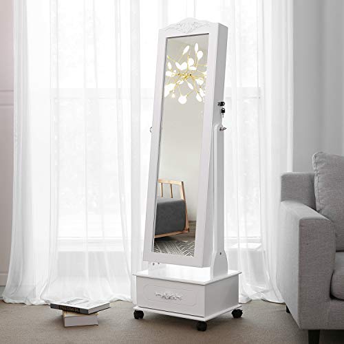 Songmics  Jewellery Cabinet with Wheels and LED Lighting, Lockable, White