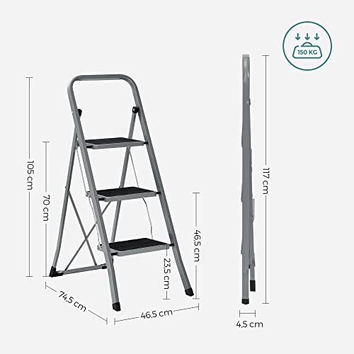 3-Step Ladder, Folding Ladder, 20 cm Wide Steps Covered with Non-Slip Rubber, Rubber Feet, Handrail, Max. Static Load 150 kg, Steel, Grey and Black