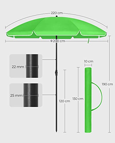 2 m Parasol, Beach Umbrella, UPF 50+, Sun Protection, Portable Octagonal Polyester Canopy, Fibreglass Ribs, Tilt Mechanism, Carry Bag, for Beach Garden Balcony Pool, Green