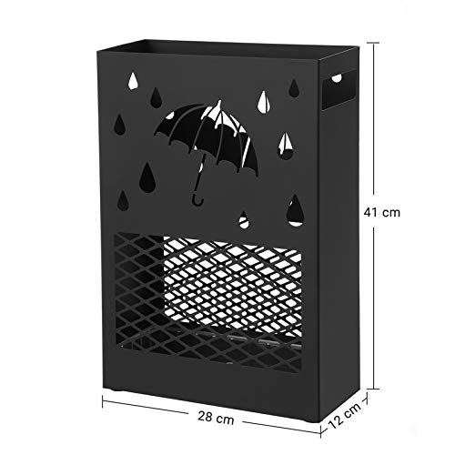 Umbrella Stand Metal Rectangular Umbrella Stand with Removable Water Drip Tray, 4 Hooks, Cutout Design, for Hallway and Office, Black