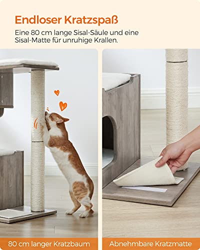 Cat Scratching Post 86 cm Medium Size Cat Scratching Post with 3 Lying Areas and Cave, Cat Tree Made of MDF with Wooden Veneer, Sisal Trunk, Washable Plush Cushions, Grey White