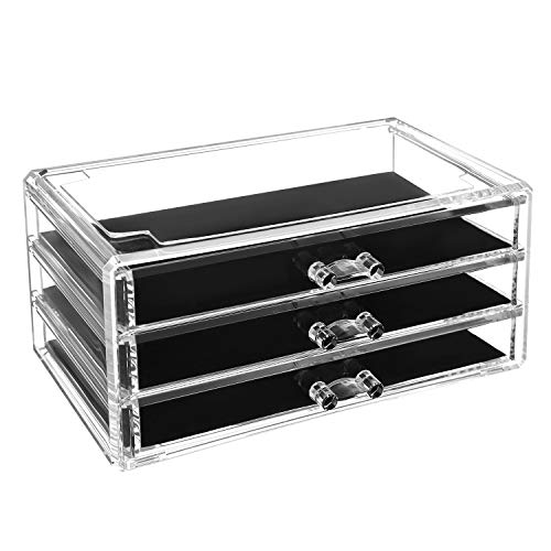 Makeup Organiser, 2-Piece Storage Boxes for Jewellery and Cosmetics, Stackable, with 5 Drawers, Transparent Polystyrene