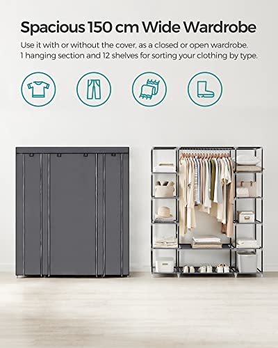 Portable Wardrobe, Foldable Closet, Clothes Storage Organiser with Hanging Rail, Shelves, Fabric Cover, for Bedroom, Cloakroom, 150 x 45 x 175 cm, Grey