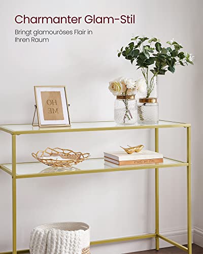 Console Table, Tempered Glass Table, Modern Sofa or Entryway Table, Metal Frame, 2 Shelves, Adjustable Feet, for Living Room, Hallway, Gold Colour