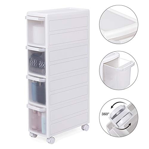 4 Drawer Recess Shelving Unit 2 Piece Separately Use Kitchen Shelving Bathroom Shelving Unit Stand Utility Trolley with Wheels 84.5cm High White