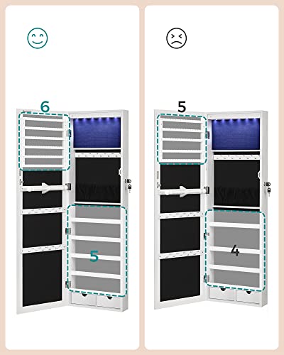 Frameless Mirrored Jewellery Cabinet Armoire, 6 LEDs Jewellery Organiser Wall Hanging or Door Mounted, Large Capacity with 2 Drawers, White