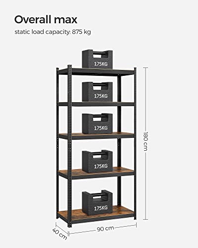 Shelving Unit, 40 x 90 x 180 cm, 875 kg Load Capacity (175 kg per Shelf), Industrial, Adjustable Storage Shelves, for Living Room, Kitchen, Garage, Rustic Brown and Black