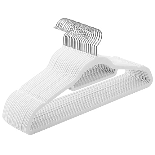 Velvet Hangers, Set of 20 Clothes Coat Hangers, Non-Slip, with Tie Bar and 360° Swivel Hook, Space-Saving, 0.6 cm Thick, 43.5 cm Long, for Dresses Trousers, White