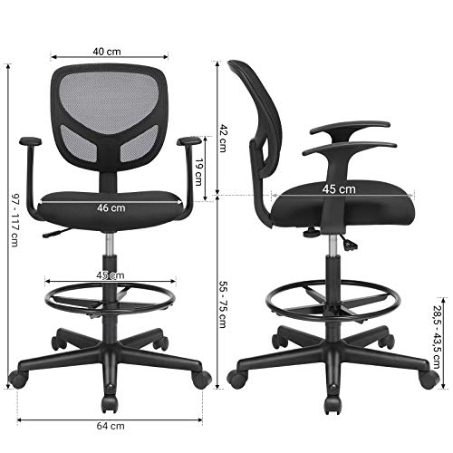 Office Chair Ergonomic Work Stool with Armrests Seat Height 55-75 cm High Work Chair with Adjustable Foot Ring Load Capacity 120 kg Black