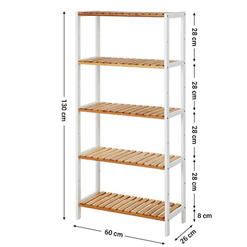 5-Tier Bathroom Storage Shelves, Bamboo Kitchen Shelf with 9 Adjustable Heights, Multifunctional Display Stand in Living Room, Hallway, 60 x 26 x 130 cm, White and Natural