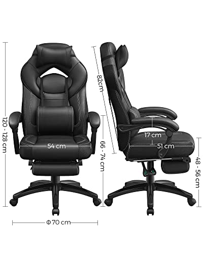 Gaming Chair, Office Chair with Footrest, Desk Chair, Ergonomic Design, Adjustable Headrest, Lumbar Support, Holds up to 150 kg, Black