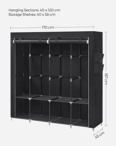 Clothes Wardrobe, Portable Closet, Garment Organiser Rack with 4 Hanging Rails, Shelves, 4 Side Pockets, 45 x 170 x 167 cm, Large Capacity for Bedroom, Living Room, Black