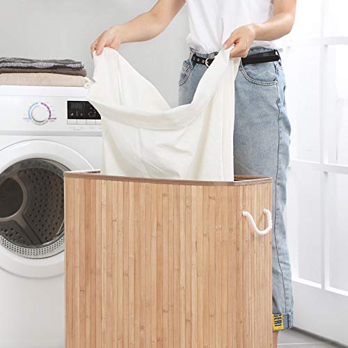 Laundry Basket with Lid, Laundry Hamper with Removable Liner Bag, Clothes Hamper with Clip and Handles, Foldable, 100L, for Laundry Room, Bedroom, Natural