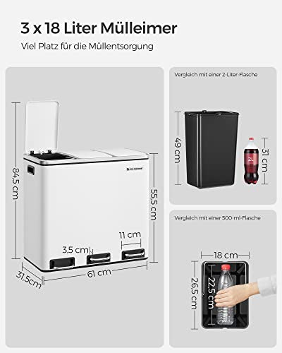 Recycling Bin, 3 x 18 L Triple Kitchen Bin, 3 Compartment Pedal Bin with Soft-Close Lids, Plastic Inner Buckets, and Handles, White