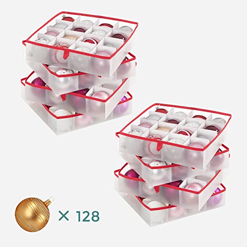 Christmas Ornament Storage Box, Storage Cube Bin for Christmas Decorations, 128 Box Places, Modular Dividers, 67 x 34 x 34 cm, Semi-Transparent and Red