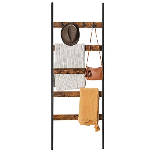 Blanket Ladder, Leaning Ladder Shelf, 5-Tier Towel Rack, 65 cm Wide, Steel Frame, for Blankets, Towels, Scarves, Industrial Style, Rustic Brown and Black