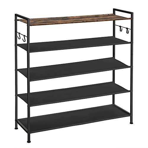 5-Tier Shoe Rack, Metal Shoe Shelf, Oxford Fabric Shelves, for 20-25 Pairs of Shoes, 29 x 89 x 92.5 cm, 4 Hooks, Open Shoe Cabinet for Hallway Bedroom, Rustic Brown and Black