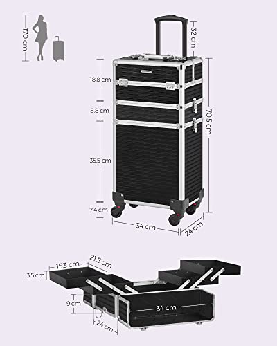 Large Trolley with Wheels Professional Vanity Case Empty Beauty Case Makeup Case 4 Universal Wheels for Travel and Work Black, black