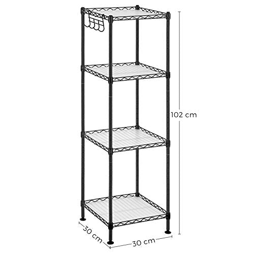 Bathroom Shelf, 4-Tier Wire Shelving Unit, Metal Storage Rack, Total Load Capacity 80 kg, with 4 PP Sheets, Removable Hooks, 30 x 30 x 102 cm for Small Space, Black